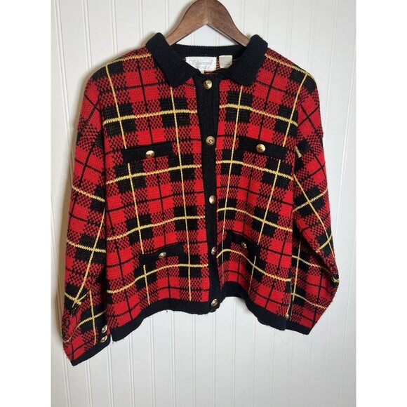 Women’s Vintage Red Plaid Sweater Gold Buttons Shoulder Pads Size Large Petite - Picture 1 of 5